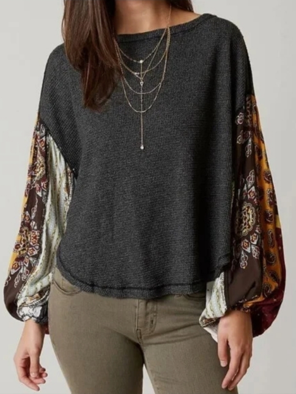 Free People We The Free Oversized Gray Waffle Knit Top With Balloon Sleeves - Picture 4 of 9